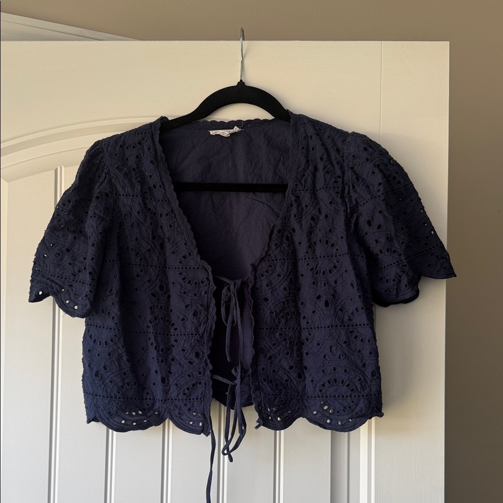 Navy Eyelet Tie-Front Cropped Blouse